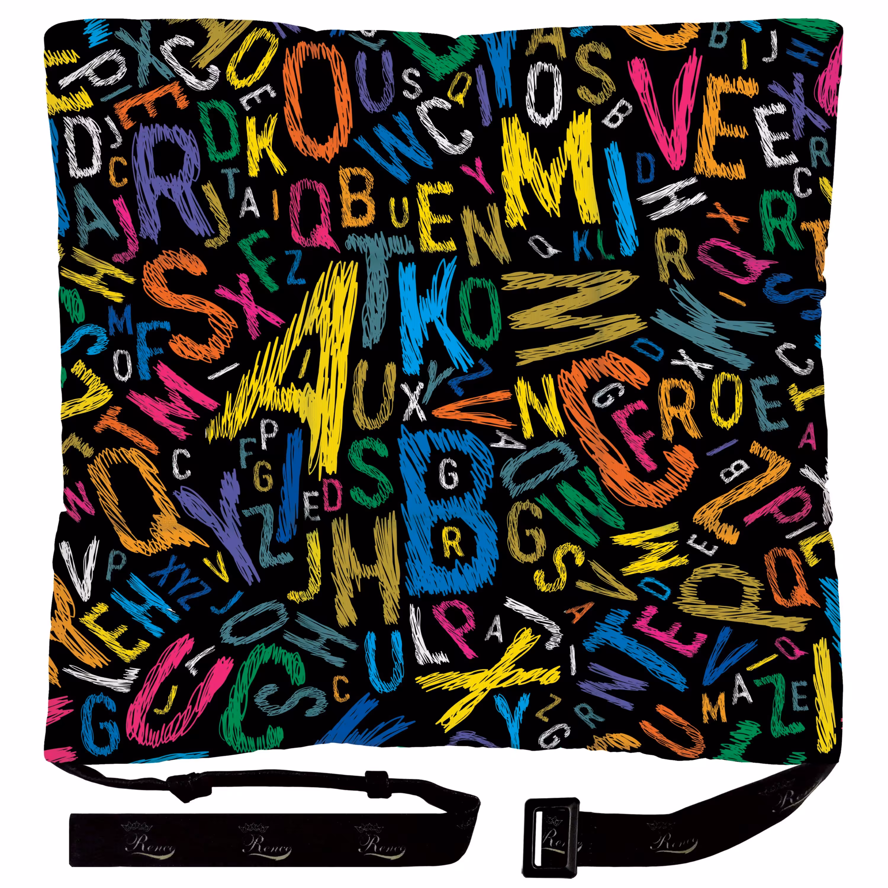 بالش و تشک صندلی مربع پارچه مخمل دو رو چاپ طرح حروف انگلیسی سایز 38 در 38 مدل M1-502 شرکت رنس