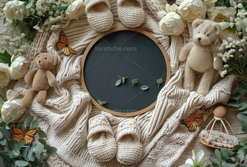 بک دراپ عکاسی نوزاد با عروسک و پروانه | گرافیک با طعم تربچه