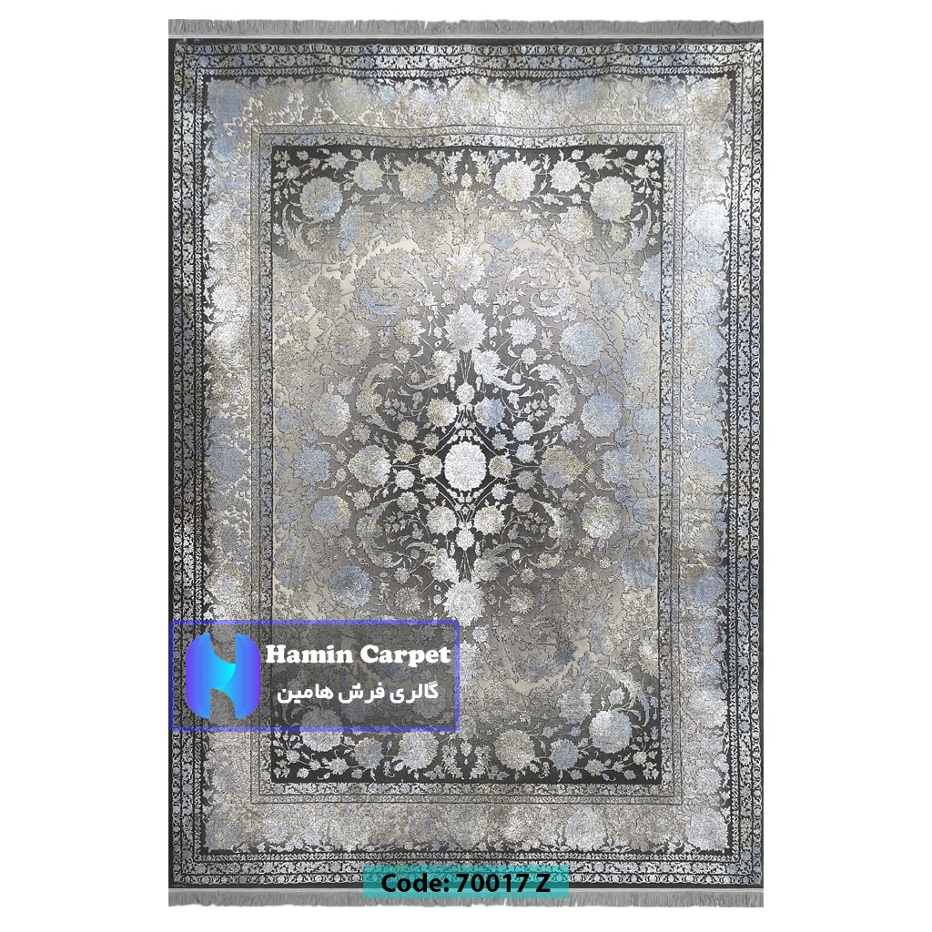 فرش 6 متری 700شانه تراکم 2100 برجسته مدل طرح ترنج دار نقره ای کد SZ70017Z