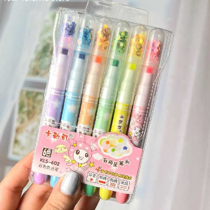 ماژیک هایلایتر ستاره ای پولک دار بسته 6 عددی