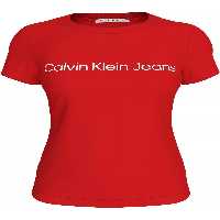 تی شرت قرمز زنانه تی‌شرت با یقه صفر و لوگوی برند رنگ Calvin Klein