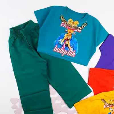 کراپ و شلوار بگ کتان دخترانه فشن کد 9292