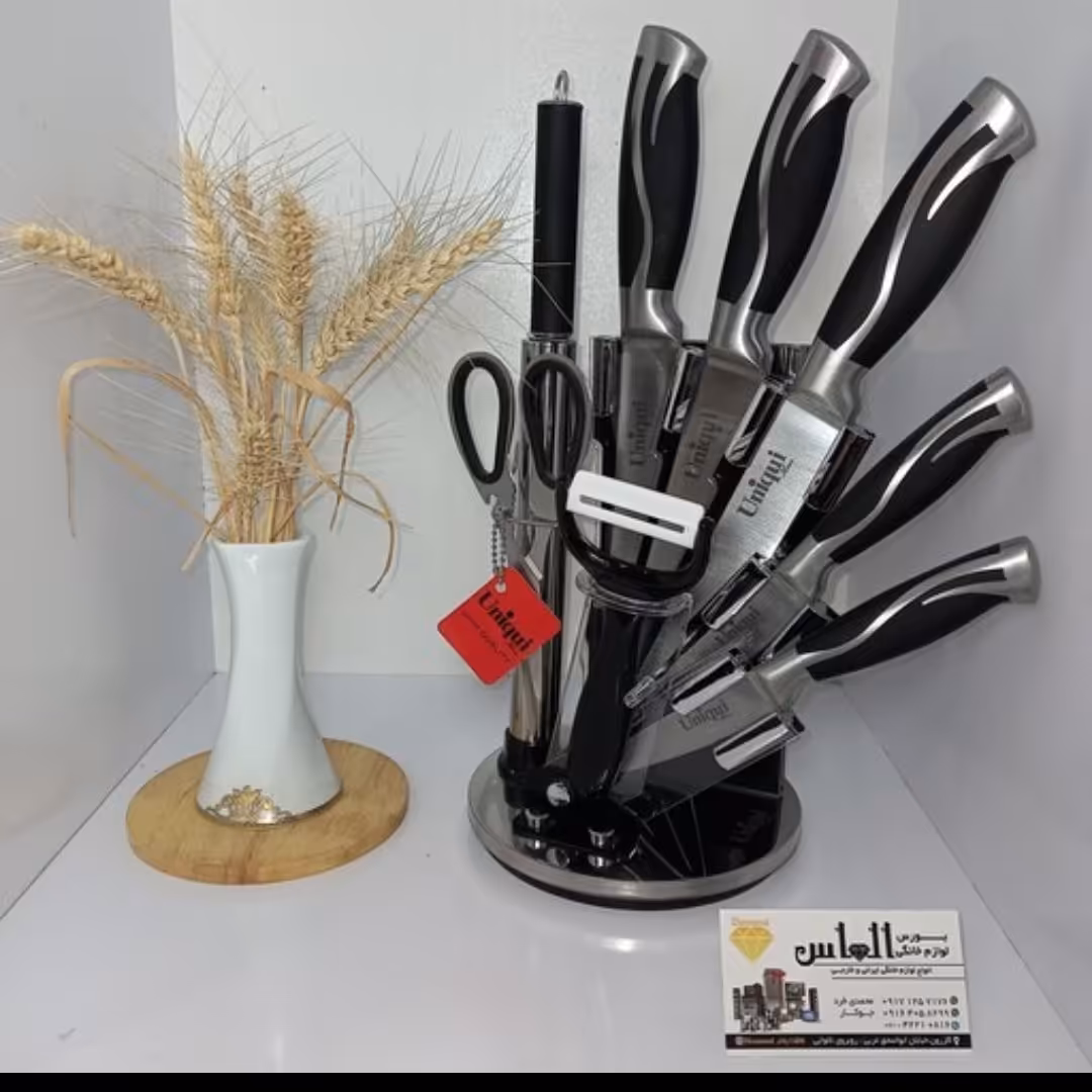 سرویس کارد 9 پارچه یونیک اصل ( کارد ، ساطور ، پوست کن ، تیز کن ، قیچی ، استند) سرویس چاقو ، کارد آشپزخانه ، کارد سرآشپز

