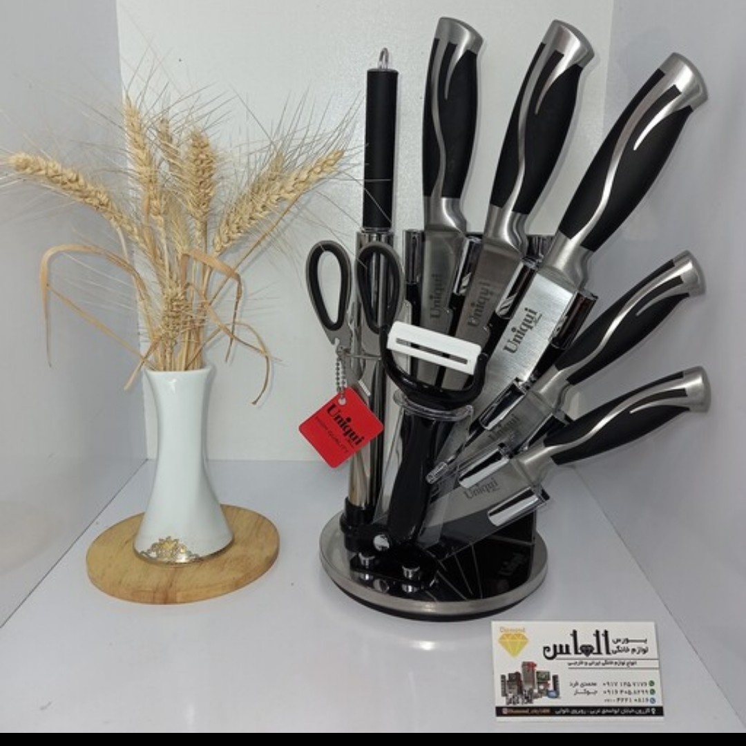 سرویس کارد 9 پارچه یونیک اصل ( کارد ، ساطور ، پوست کن ، تیز کن ، قیچی ، استند) سرویس چاقو ، کارد آشپزخانه ، کارد سرآشپز