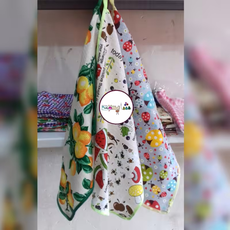 دستمال اشپز خانه.نرم .ابگیری عالی.درطرحهای متنوع.اندازه 50 در35.دور نوار اریب دوخته شده.مناسب برای خانمهای باسلیقه.