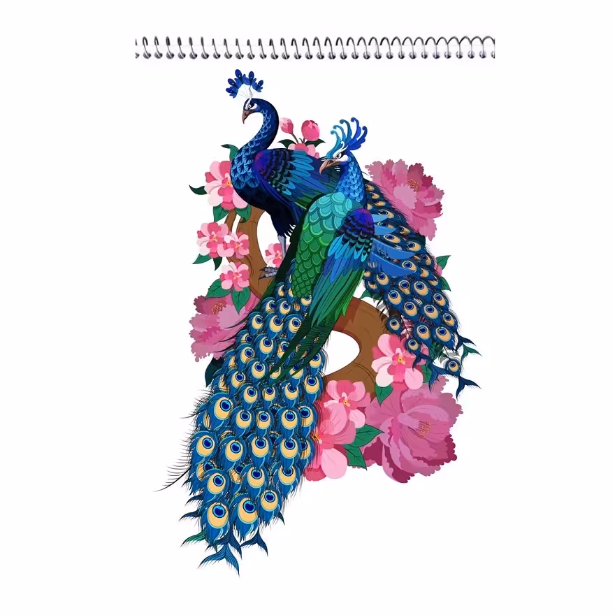 دفتر نقاشی فانتزی کودکانه کد 03 طرح طاووس، فنری از بالا، 40 برگ سایز A5