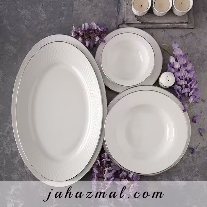 سرویس چینی زرین طرح سمن 28 پارچه (سفید لب نقره)