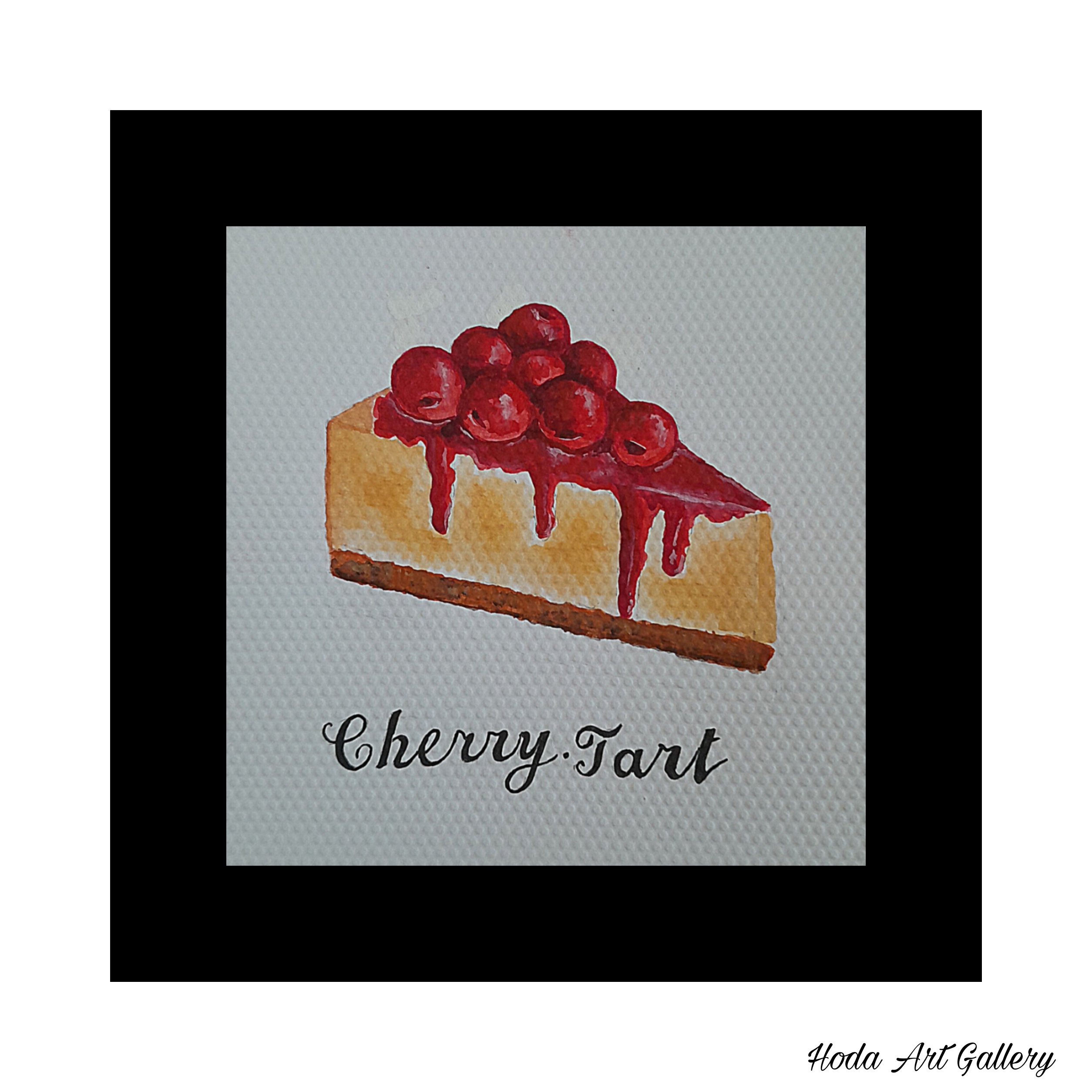 نقاشی آبرنگ تارت آلبالویی "کالکشن کافه " همراه با قاب شیشه دار