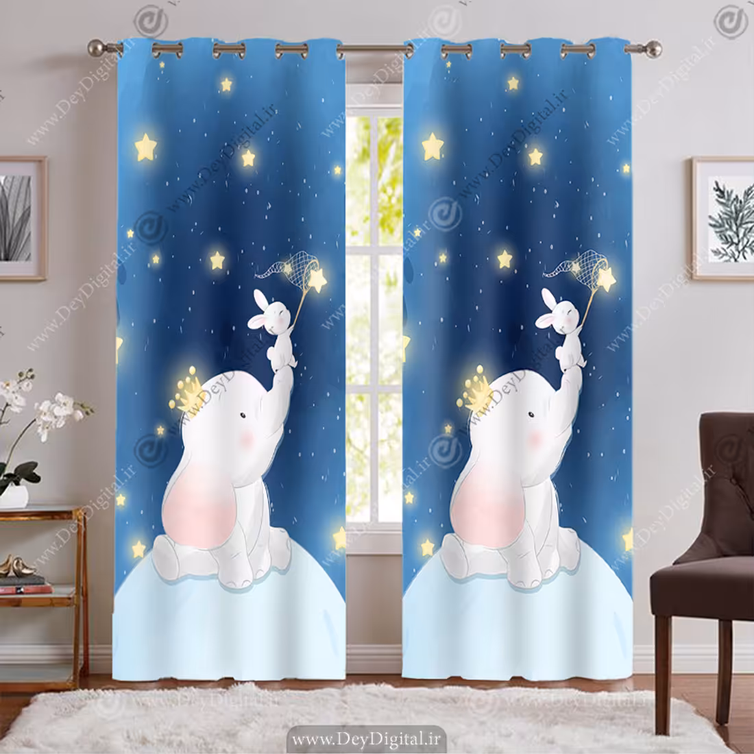 پرده چاپی اتاق بچه طرح فیل و ستاره BA-9290