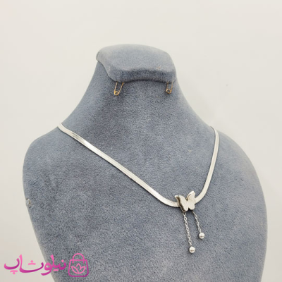 گردنبند دخترانه پروانه با زنجیر ماری نقره ای کد 888