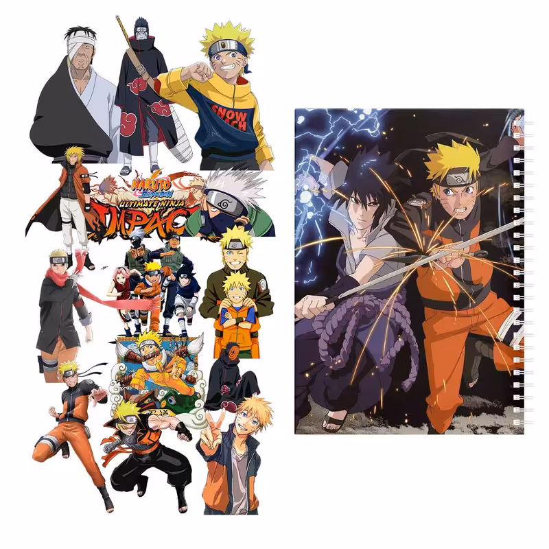 دفتر یادداشت باژیکان طرح انیمه ناروتو کد 20111325 به همراه استیکر لپ تاپ مجموعه 14 عددی