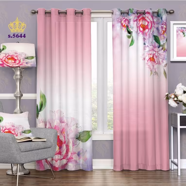 پرده پذیرایی دو قواره پانچ گلدار طرح نقاشی گل کد S5644