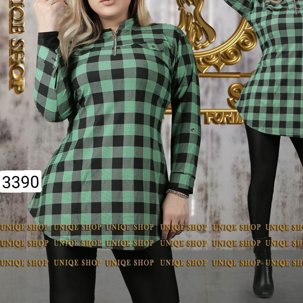 تونیک چهارخونه یقه زیپ جلو بسته مدل شیدا