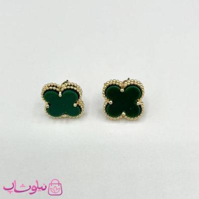 گوشواره میخی دخترانه سبز یشمی طرح ونکلیف آبکاری طلا کیفیت مستر کد 240