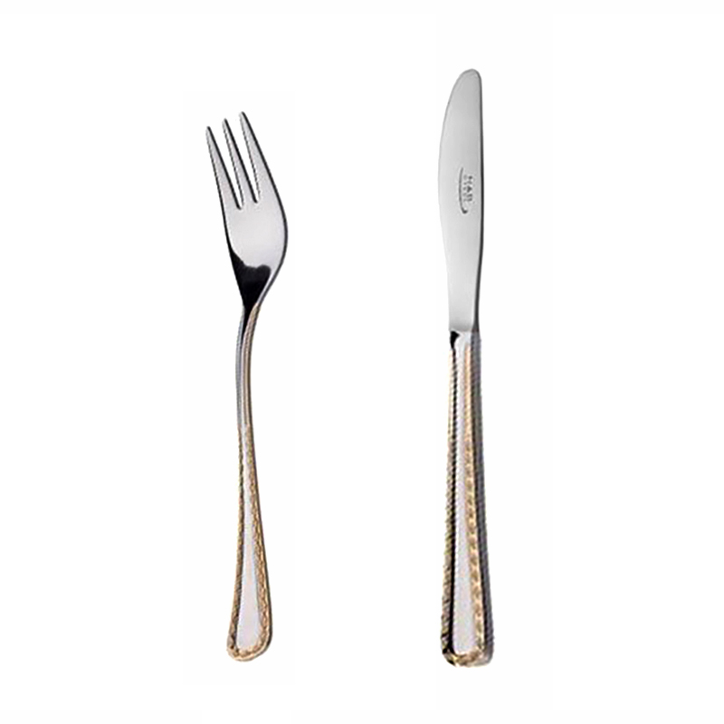 کارد و چنگال میوه خوری 6 نفره ناب استیل طرح برلین دور طلایی (12 پارچه)