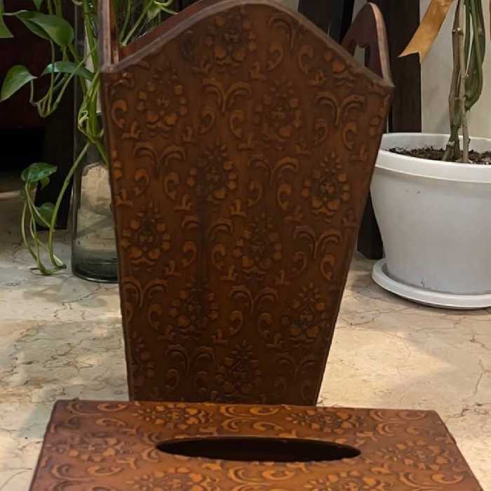 سطل و جعبه دستمال کاغذی طرح نما منبت در دو رنگ قهوه ای و عنابی