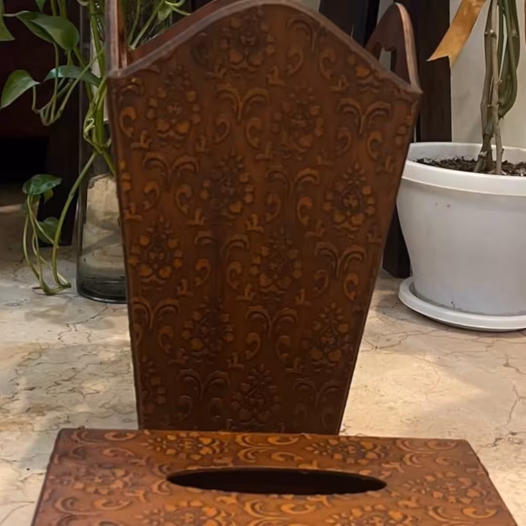 سطل و جعبه دستمال کاغذی طرح نما منبت در دو رنگ قهوه ای و عنابی