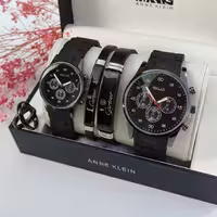 ست ساعت و دستبند مردانه و زنانه مشکی والار طرح امپریو ارمانی بند رابر walar