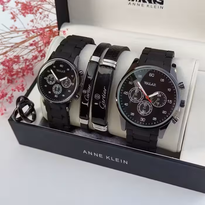 ست ساعت و دستبند مردانه و زنانه مشکی والار طرح امپریو ارمانی بند رابر walar