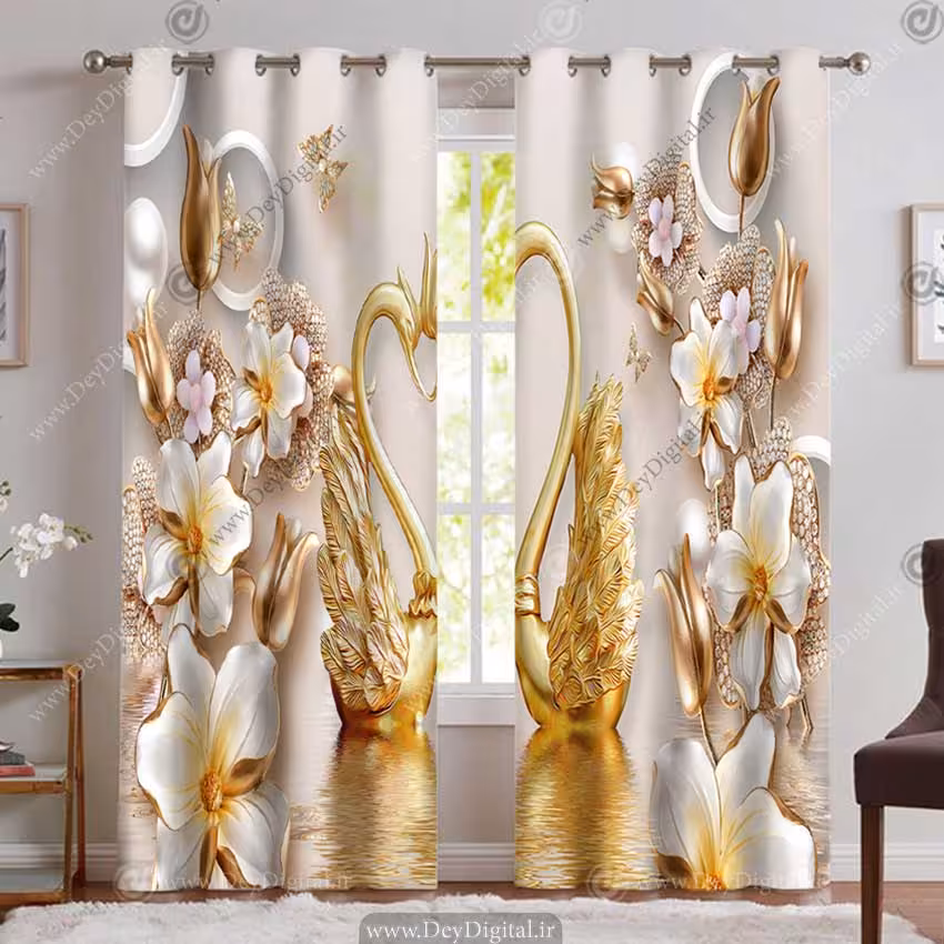 پرده پانچ سه بعدی قوهای طلایی با گل های طلایی PK-5280