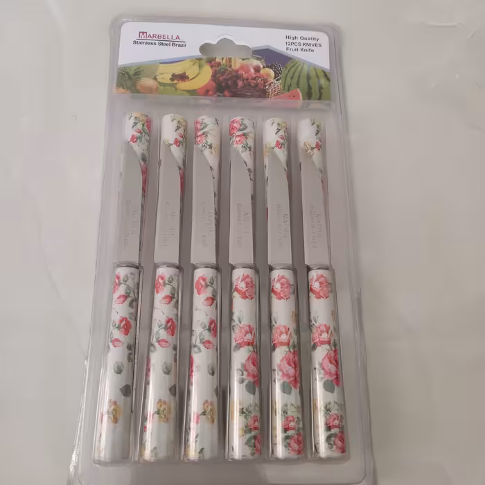 کارد میوه خوری 12 عددی طرح گل قرمز لوله ای مارک ماربلا تیغه استیل     