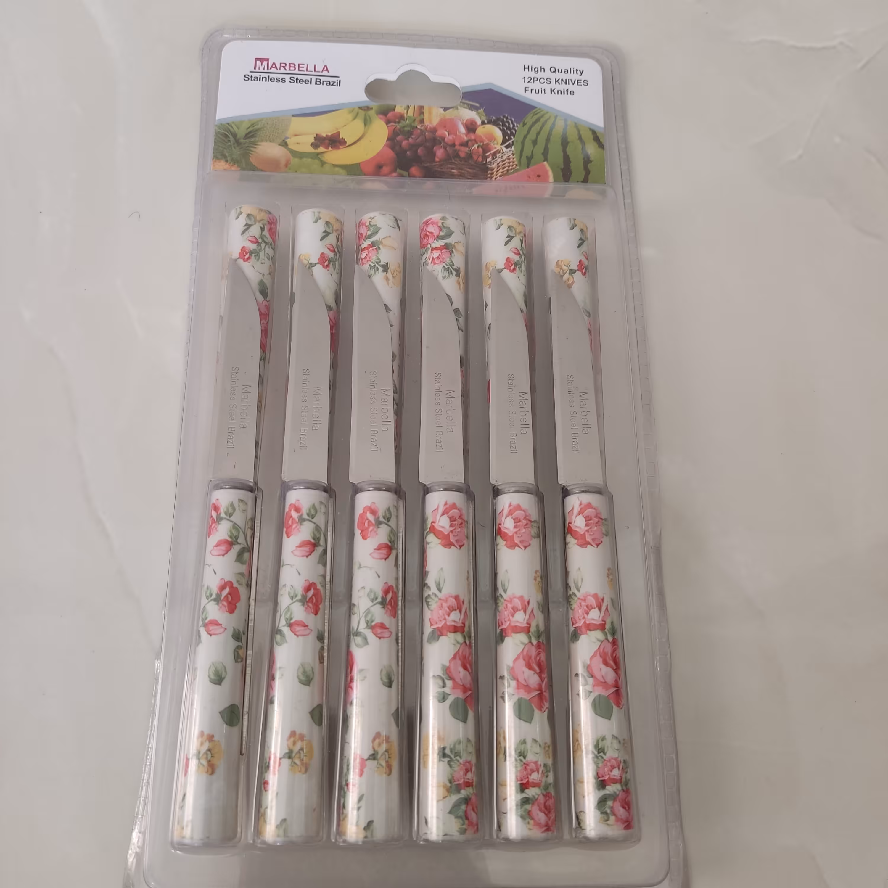 کارد میوه خوری 12 عددی طرح گل قرمز لوله ای مارک ماربلا تیغه استیل     