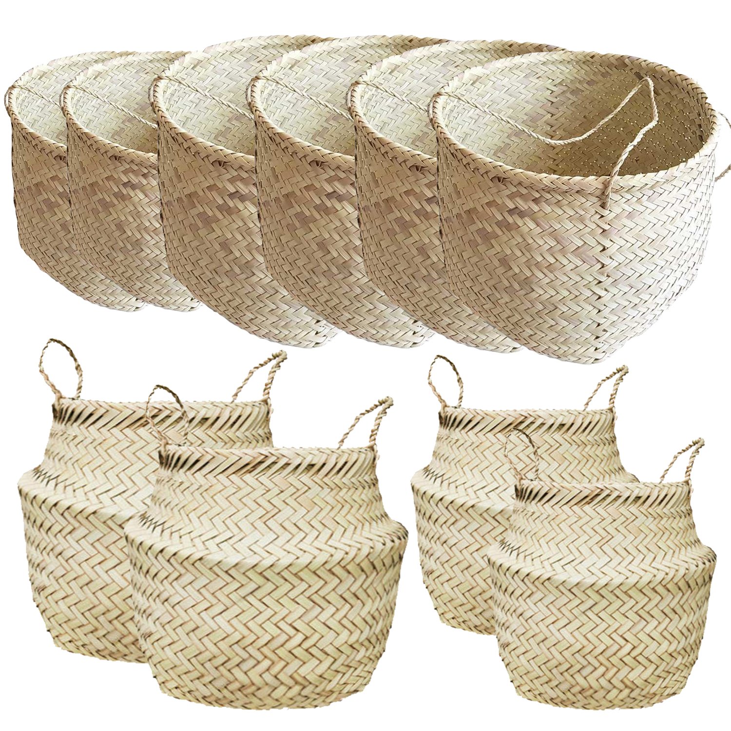  سبد حصیری بسته ده عددی سبد حصیری عمده  (4 عدد گلدان حصیری خمره و 6 عدد گلدان حصیری استوانه)