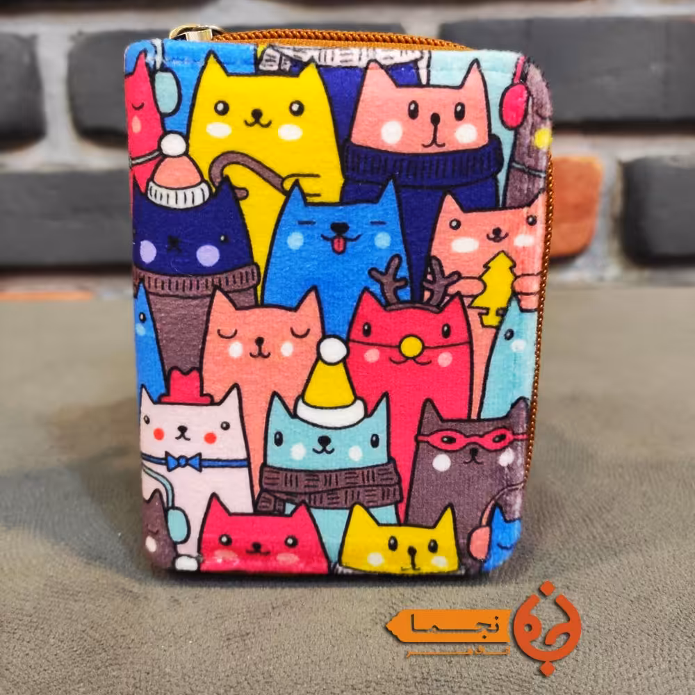 جاکارتی دور زیپ مخمل کوبیده و چرم مصنوعی طرح گربه کد DZ40