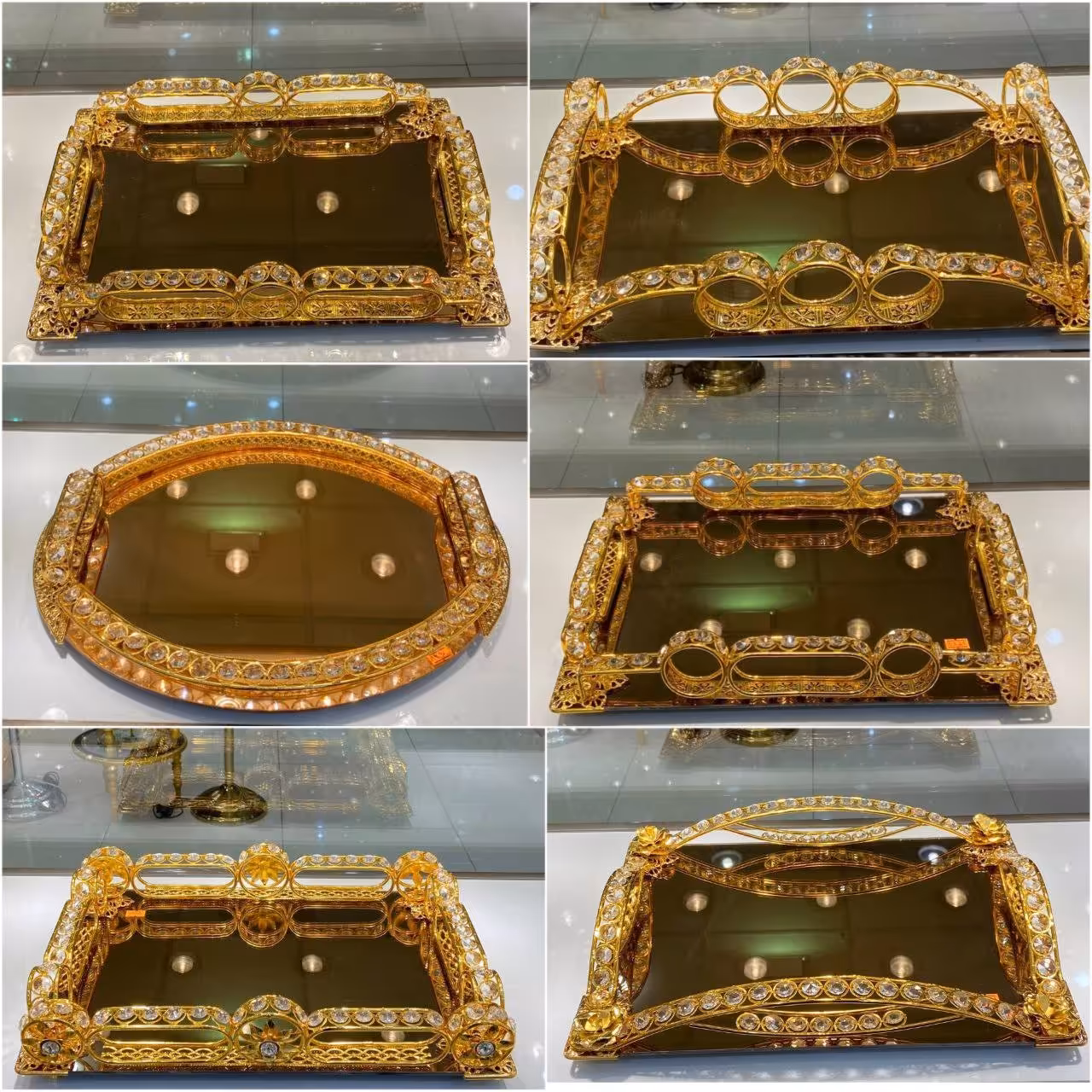 سینی طلایی نگین کار شده کف آینه 