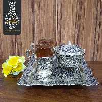 قلمزنی سرویس چایخوری دو نفره دستساز قلم گل و طاووس  اعلاء سیاه قلم طرح نقره