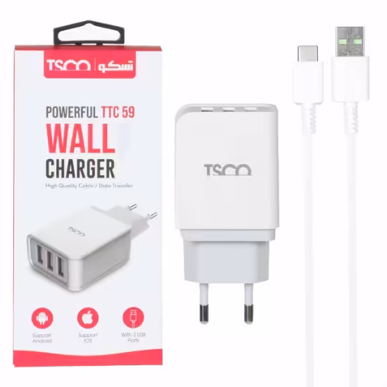 شارژر دیواری 15 وات سه پورت تسکو مدل TTC 59 به همراه کابل تبدیلUSB-C