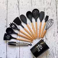 ست کفگیر 12 پارچه سیلیکونی دسته چوبی 