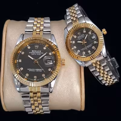 ساعت ست زنانه و مردانه رولکس بنداستیل دو رنگ صفحه مشکی