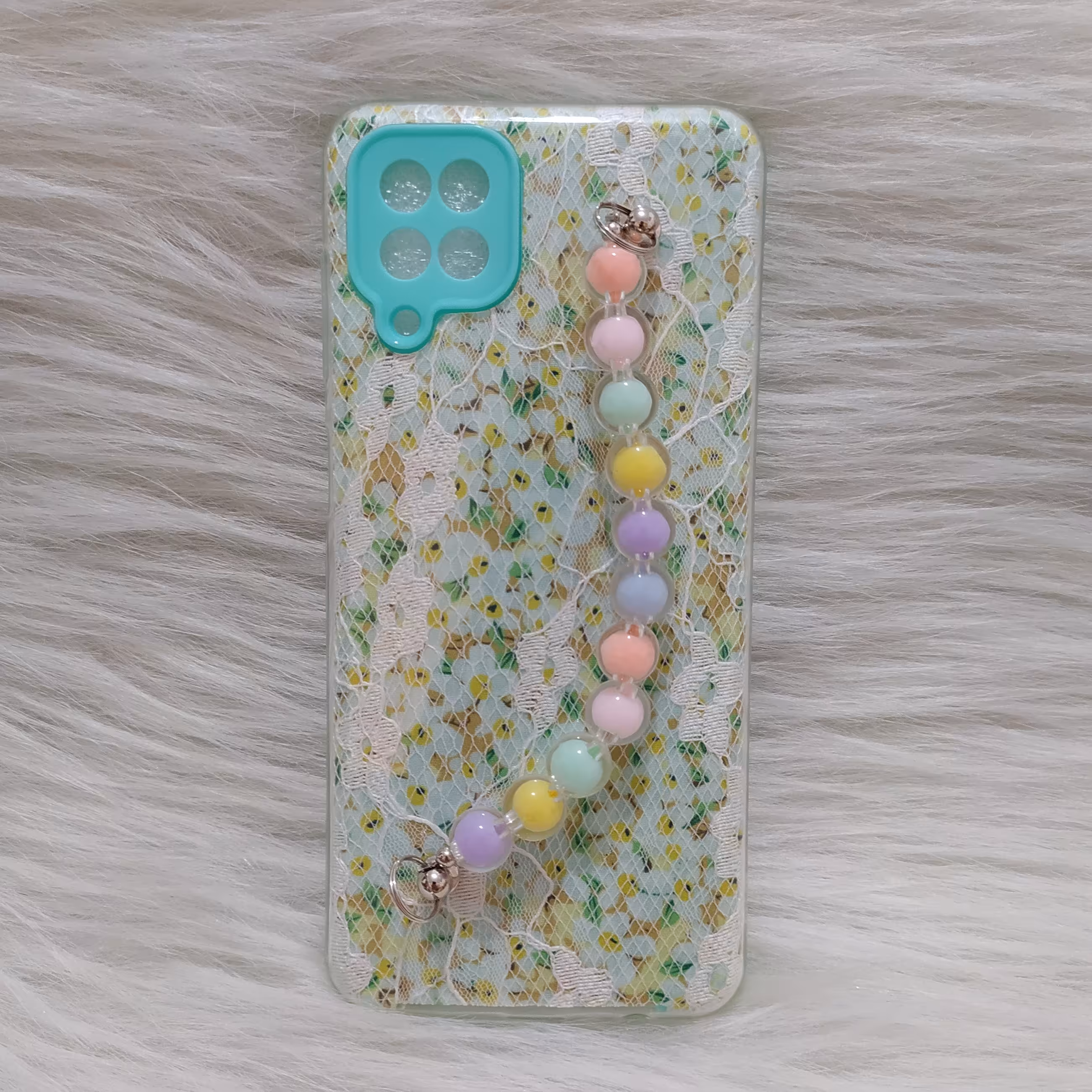 گارد سامسونگ A12 ژله ای طرح دار سه تیکه به همراه زنجیر مرواریدی رنگ آبی 