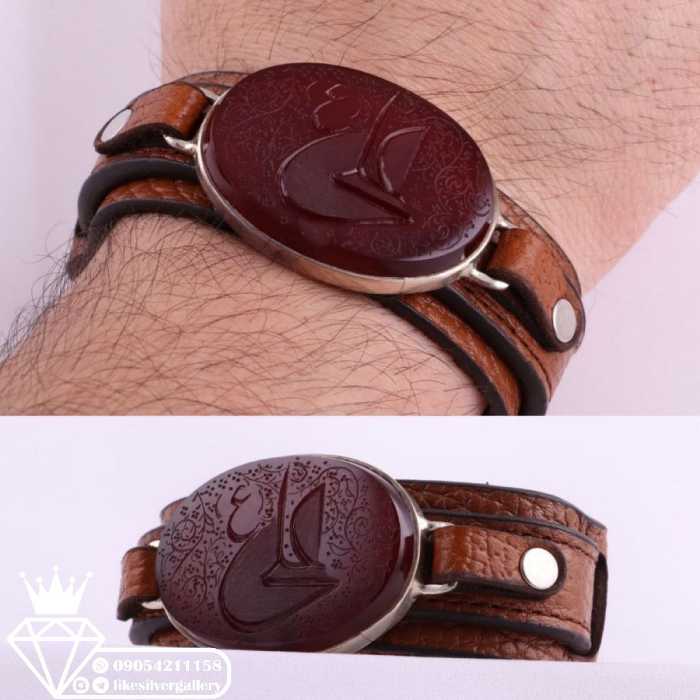 دستبند چرم طبیعی اصل نگین عقیق سرخ خطی منقش به نام مولا علی(ع)