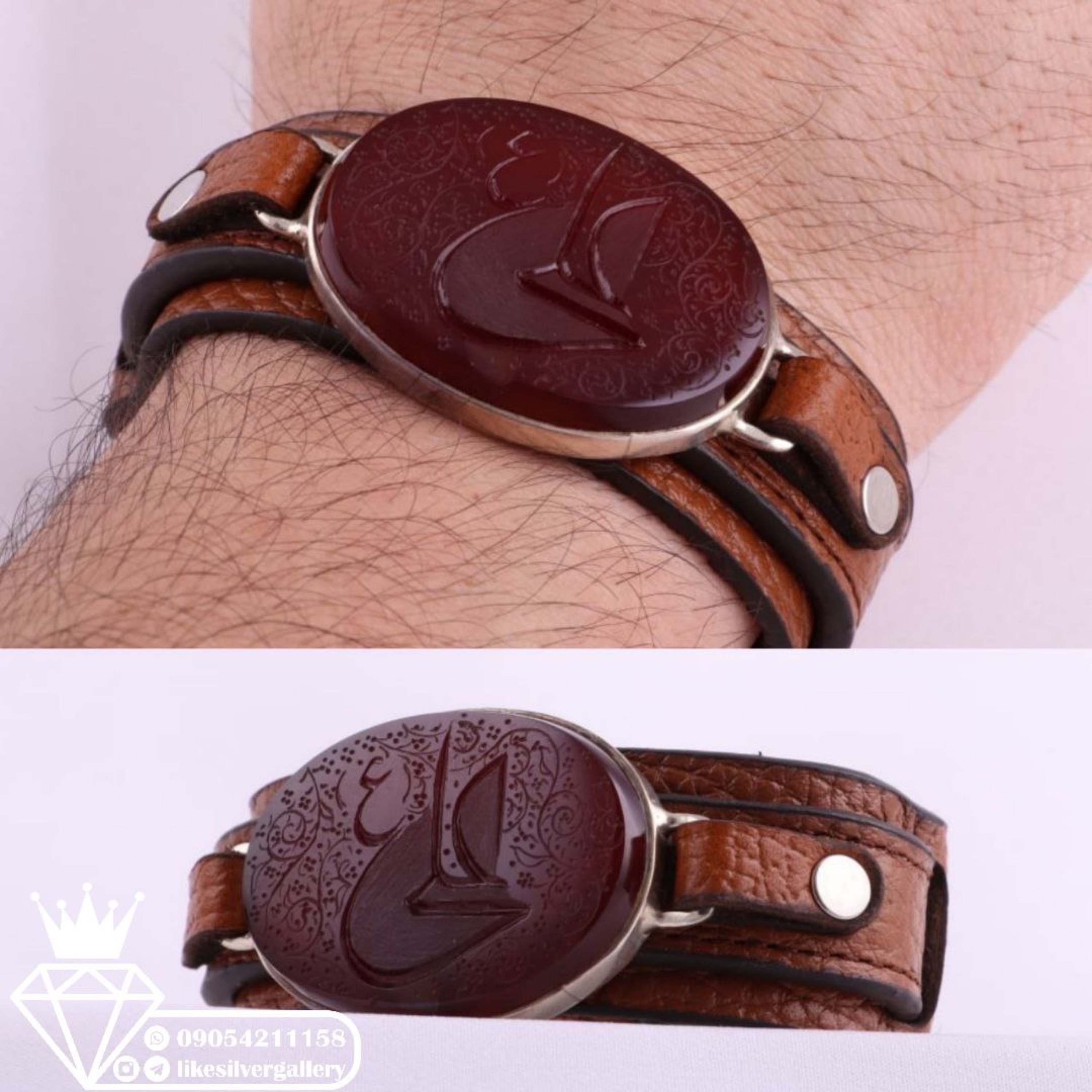 دستبند چرم طبیعی اصل نگین عقیق سرخ خطی منقش به نام مولا علی(ع)