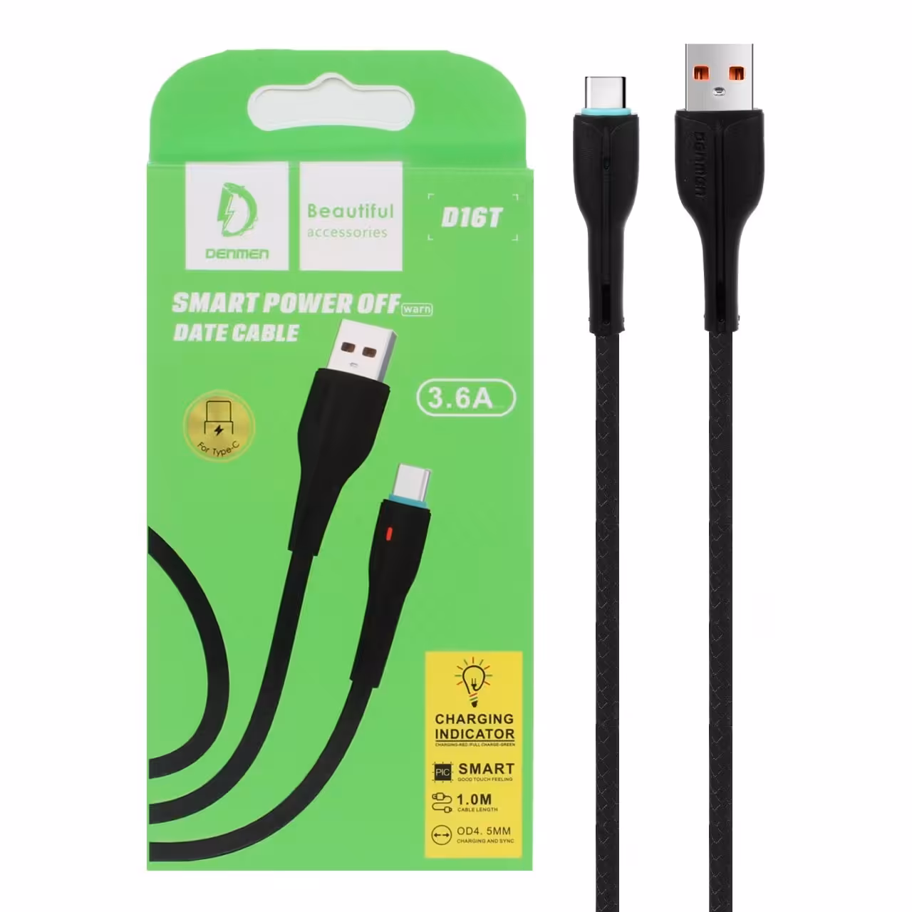 کابل شارژ تایپ c چراغ دار مدل DENMEN D 16 t پک دار رنگ مشکی