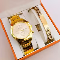 ست ساعت و دستبند استیل مردانه طلایی