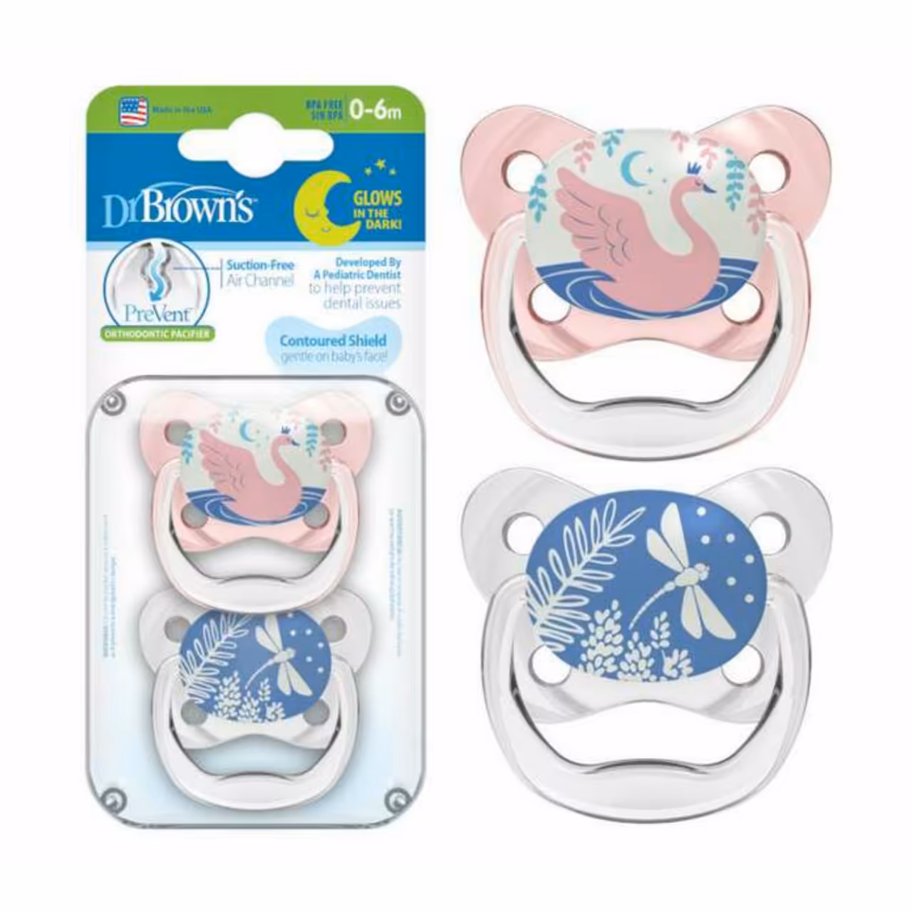 پستانک ارتدنسی دکتر براونز 2 عددی dr.browns سایز 0 تا 6 ماه بادرپوش پروانه قو