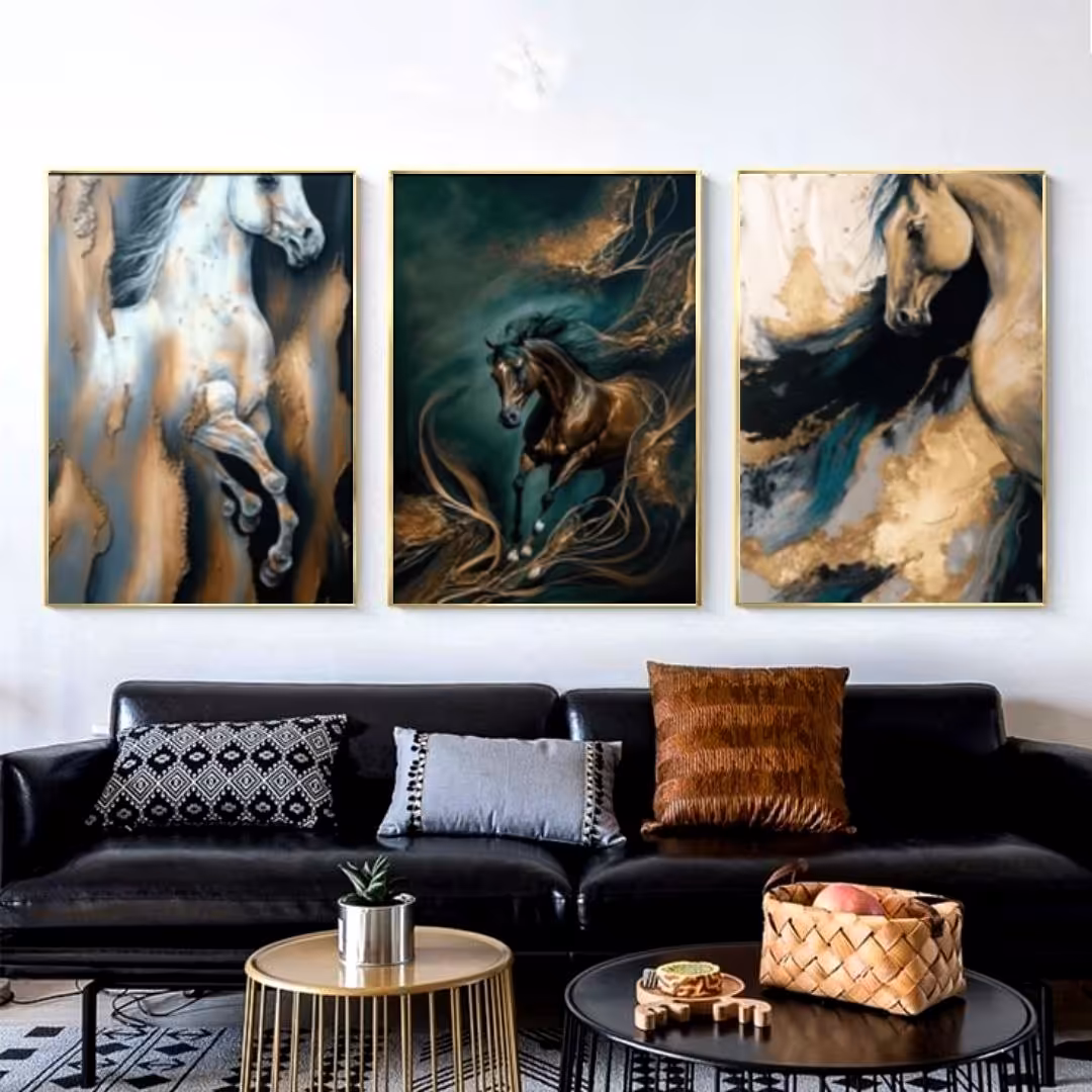 تابلو دکوراتیو طرح نقاشی اسب سه تکه