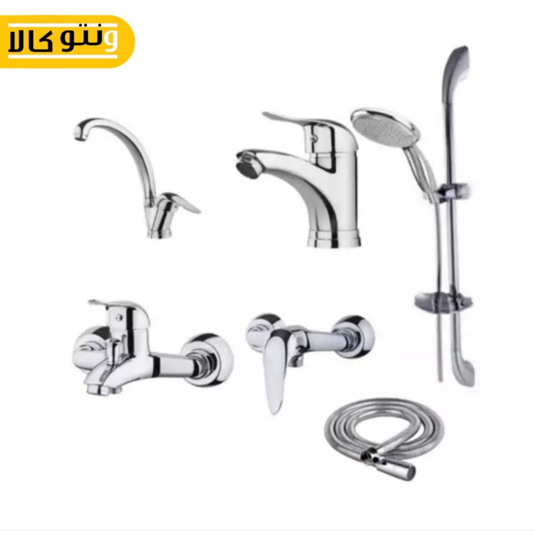 ست شیرآلات کروم برنجی مدل راهو به همراه علمدوش و شلنگ توالت و ست شیرالات 