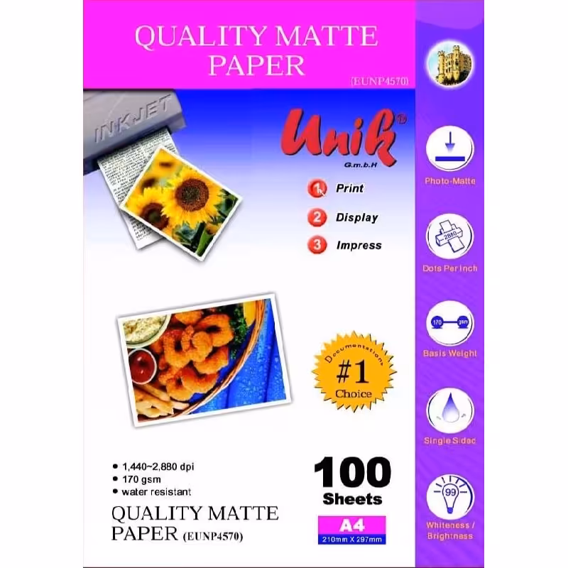 کاغذ کوتد 170 گرم یونیک سایز A4 بسته 100 برگی