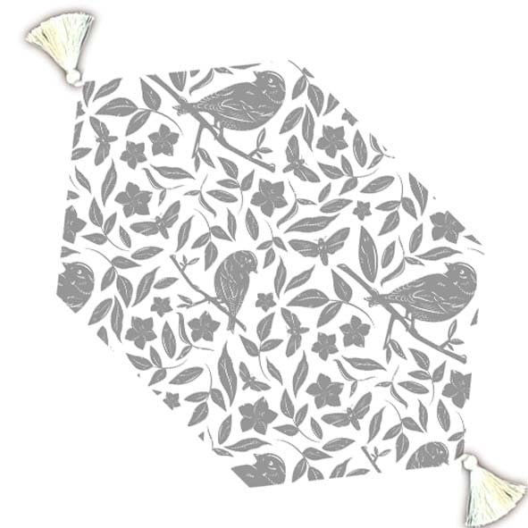 رانر عسلی مخمل آستر دار طرح پرنده  طوسی 30x50 منگوله دار