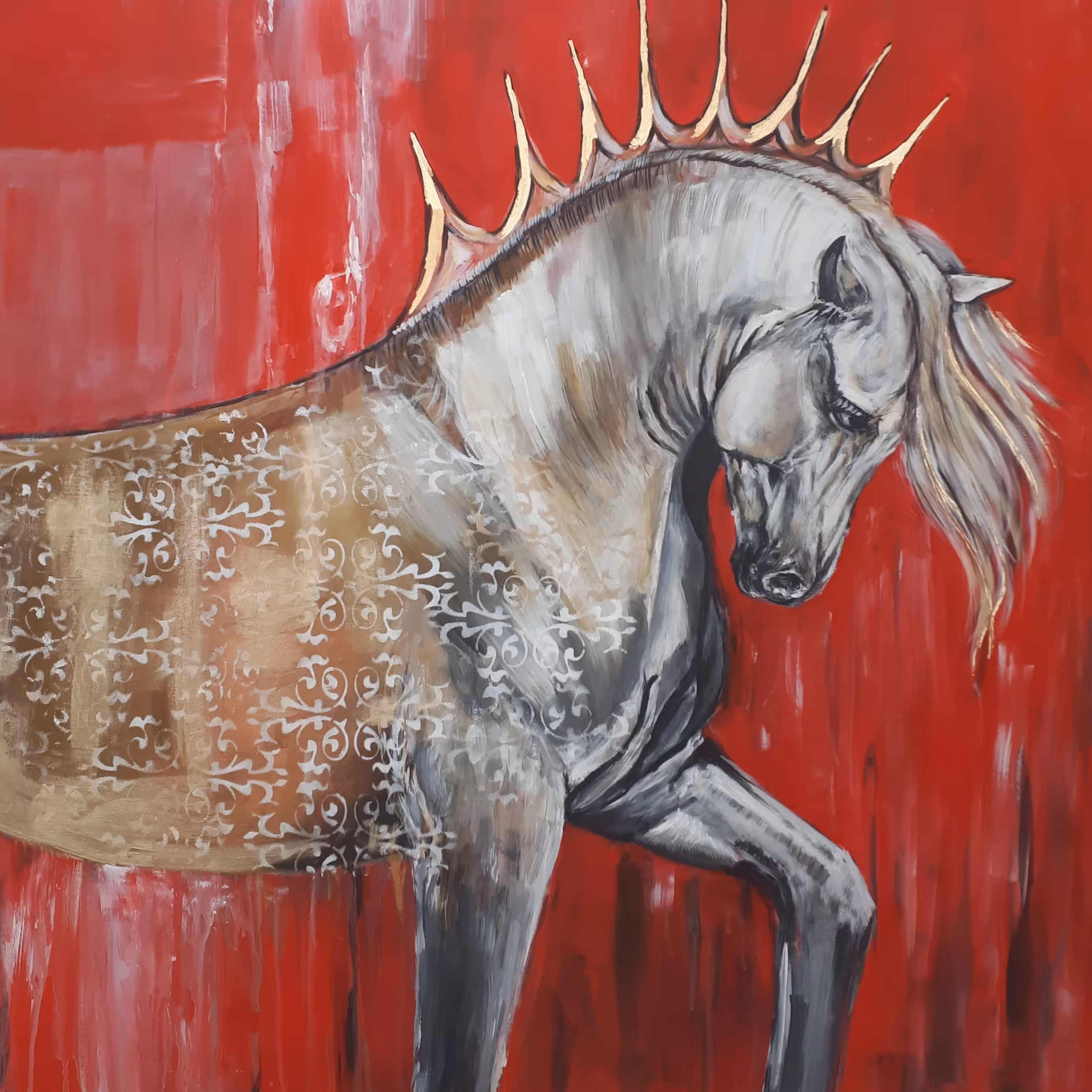 تابلو نقاشی اسب  کار شده با اکریلیک و ورق طلا، ابعاد 100 در 100