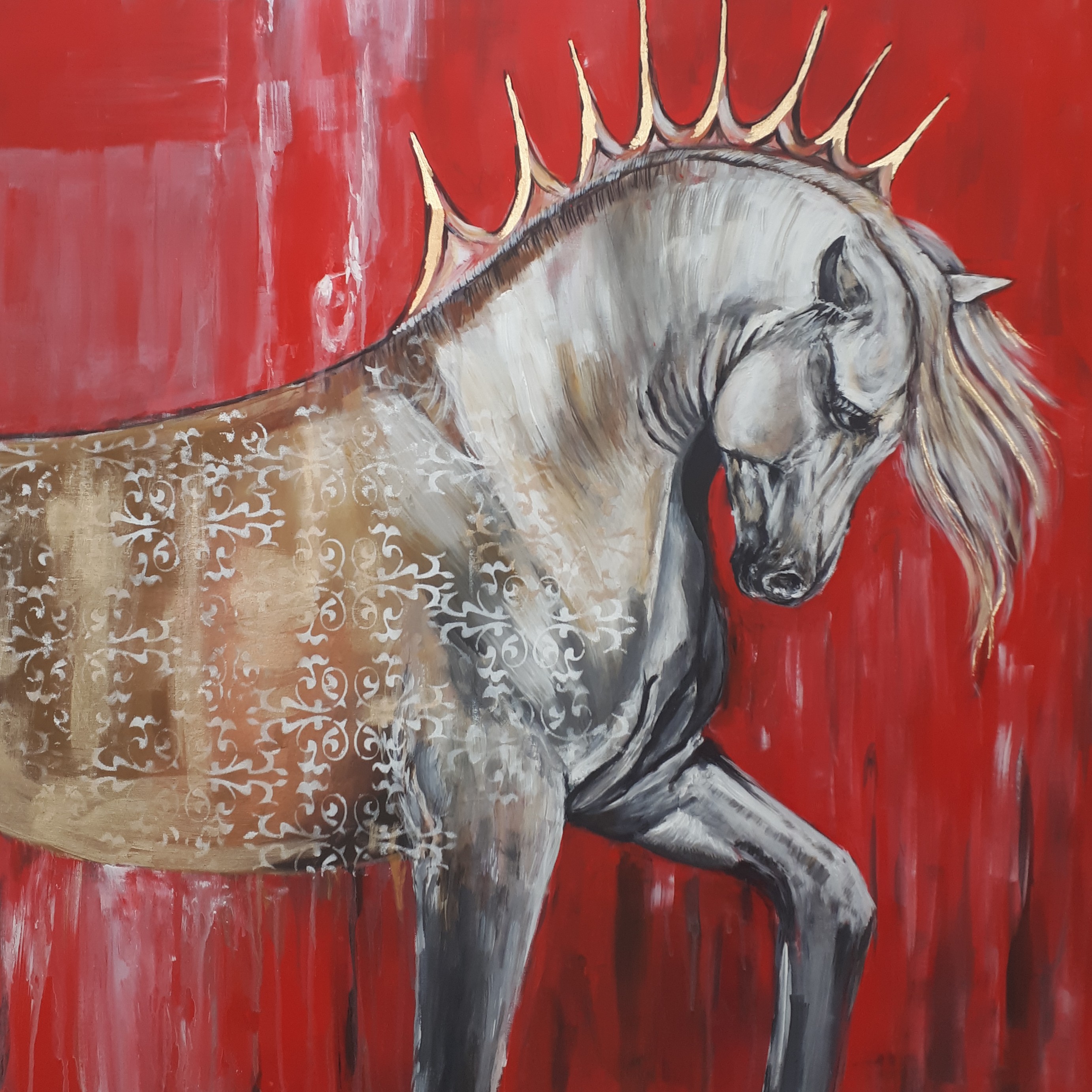 تابلو نقاشی اسب  کار شده با اکریلیک و ورق طلا، ابعاد 100 در 100