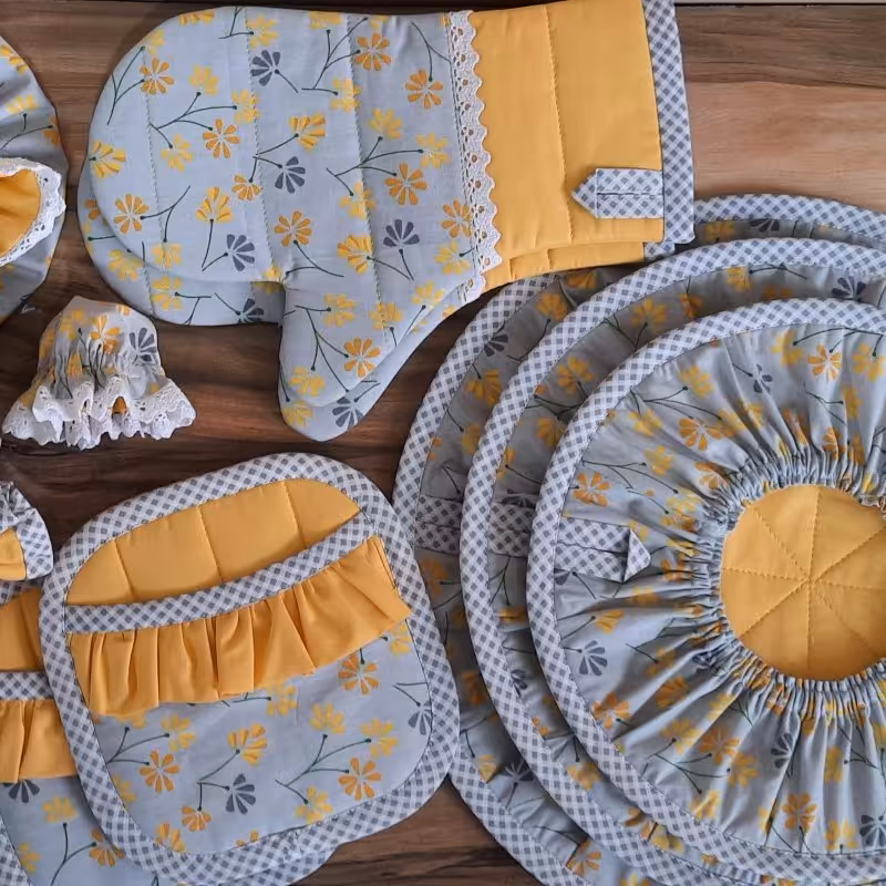 ست دم کنی و دستگیره با پارچه کتان نخ