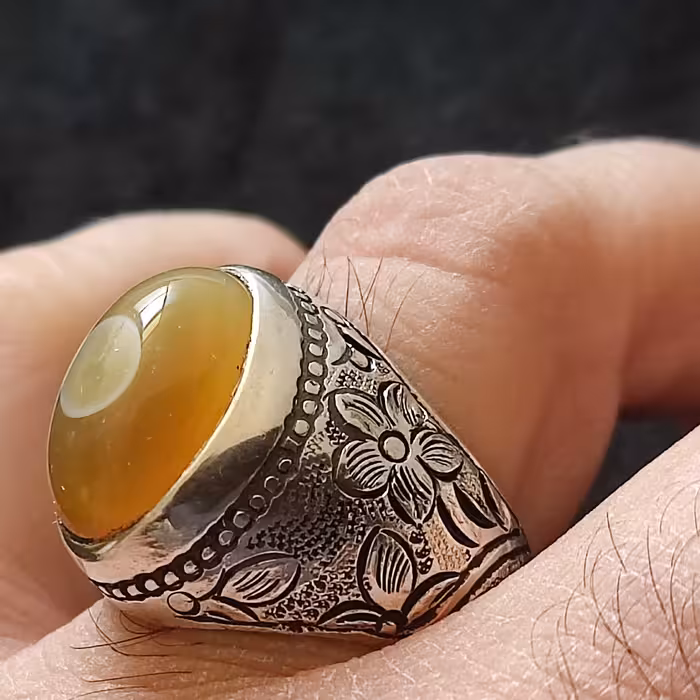 عقیق زرد باباقوری طبیعی رکاب دستساز قلم زنی