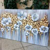 تابلو  مدرن برجسته نقاشی گلها ورق طلا  با قاب طلایی گالری هنر خلاق