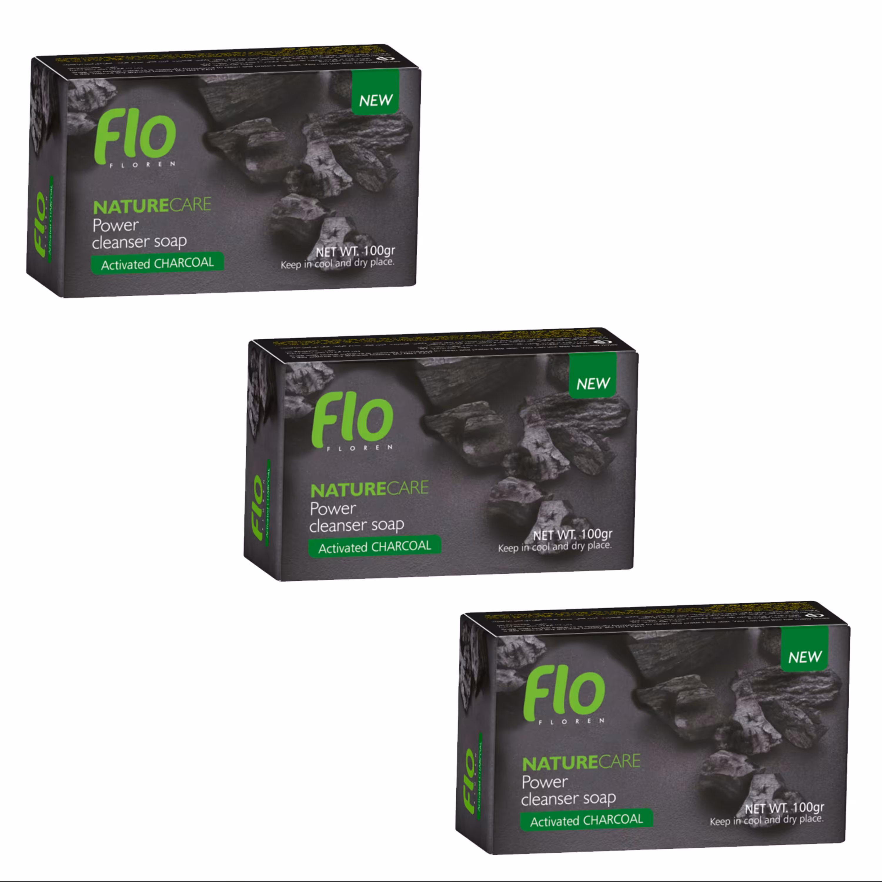 صابون شستشو فلو مدل زغال فعال وزن 100 گرم مجموعه 3 عددی