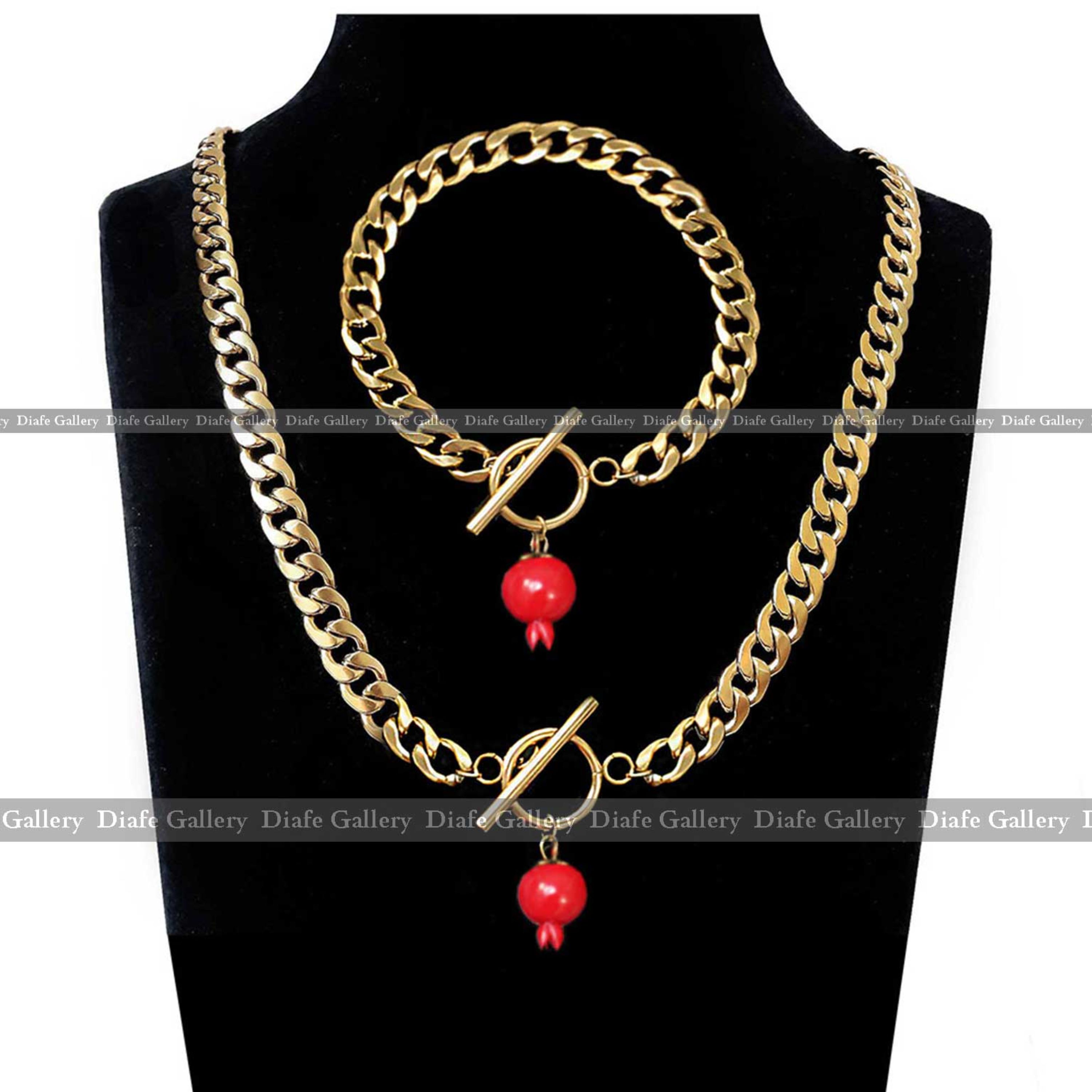 نیم ست انار کارتیر استیل با آویز پلاک انار ویژه شب یلدا زنانه ودخترانه کد 2